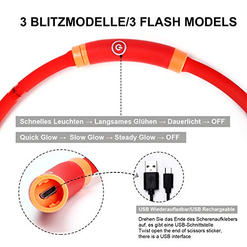 Toozey Luminoso Collares para Perro LED Durante 20 Horas de Luz Continua Impermeable, USB Recargable Cortable Tira de Luz para Collar de Perro de Seguridad Nocturna - 3 Modo (Rojo)