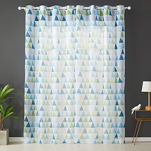 Topfinel Cortinas Estampado geometrico Translúcidas Visillos Paneles para Ventanas niños Habitaciones Gasa Salon Dormitorio Moderno con Verde Impresión de Ojetes,140 x 260cm 2 Pieza