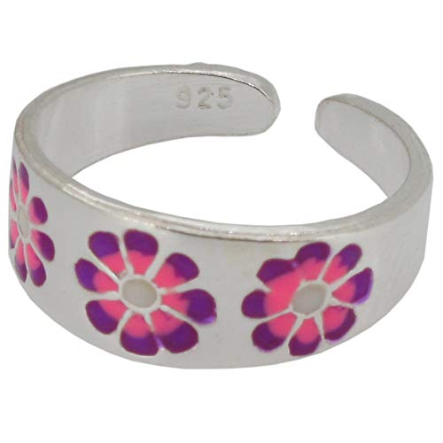 Touch Jewellery - Anillo para dedo de pie, plata de ley con esmalte rosa y morado, diseño floral