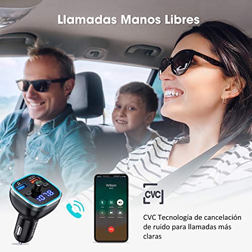 Transmisor FM Bluetooth V5.0, [RGB 7 Colores Luz de Anillo] VicTsing Manos Libres para Coche QC3.0 Carga rápida, Reproductor MP3 Coche, Adaptador de Radio Dual USB QC3.0 & 5V1A, Tarjetas SD + U Disk