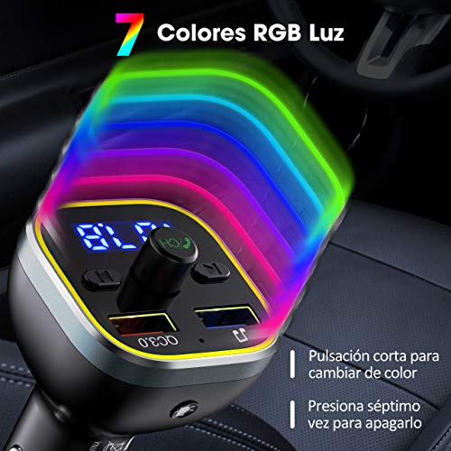 Transmisor FM Bluetooth V5.0, [RGB 7 Colores Luz de Anillo] VicTsing Manos Libres para Coche QC3.0 Carga rápida, Reproductor MP3 Coche, Adaptador de Radio Dual USB QC3.0 & 5V1A, Tarjetas SD + U Disk