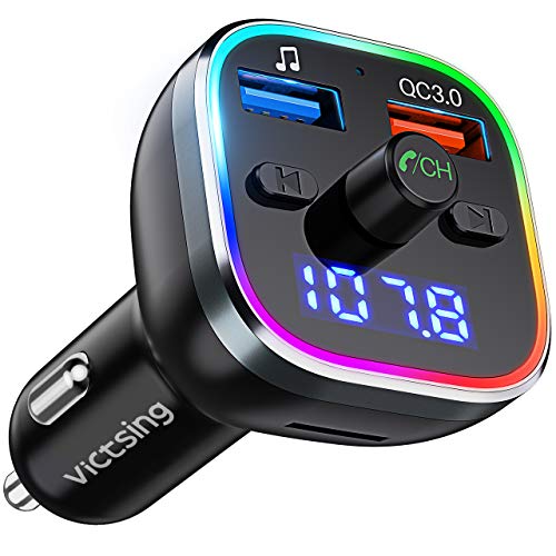 Transmisor FM Bluetooth V5.0, [RGB 7 Colores Luz de Anillo] VicTsing Manos Libres para Coche QC3.0 Carga rápida, Reproductor MP3 Coche, Adaptador de Radio Dual USB QC3.0 & 5V1A, Tarjetas SD + U Disk