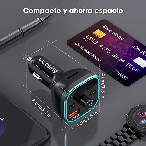 Transmisor FM Bluetooth V5.0, [RGB 7 Colores Luz de Anillo] VicTsing Manos Libres para Coche QC3.0 Carga rápida, Reproductor MP3 Coche, Adaptador de Radio Dual USB QC3.0 & 5V1A, Tarjetas SD + U Disk