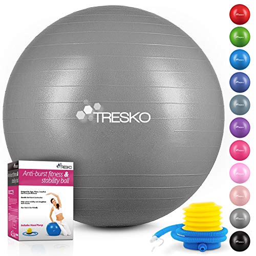 TRESKO® Pelota de Gimnasia Anti-Reventones | Bola de Yoga Pilates y Ejercicio | Balón para Sentarse | Balon de Ejercicio para Fitness | 300 kg | con Bomba de Aire | Gris | 75cm
