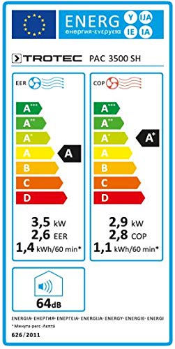 TROTEC - Climatizador local PAC 3500 SH portátil 3,5 kW aire acondicionado 4 en 1 para refrigeración climatización y calefacción 2,9 kW [eficiencia energética A]