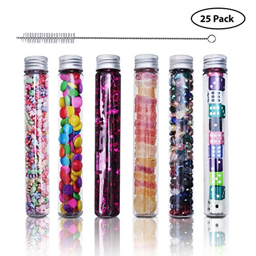 Tubos de Ensayo (25Pcs) - 110ml Tubo ensayo plástico Rosca y Cepillo de Limpieza - Tubos de Prueba - Tubos de Muestra para Decoración de Fiestas, Guardar Bisutería y Abalorios, Dulces