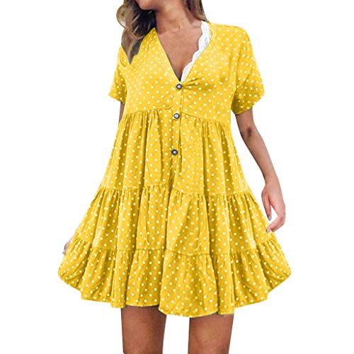 TUDUZ Mujer Vestido Manga Corta Verano Vestidos Lunares con Eslinga Vestido con Cuello en V Atractivo Vestido Suelto Casual Mini (Amarillo.a, L)