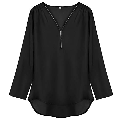 Tuopuda Mujer Blusas y Camisa Cuello V Camisetas Cremallera Gasa Blusas Sueltas Camisas de Manga Larga Ajustable Tops