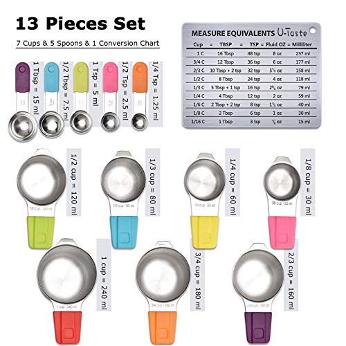 U-Taste Tazas Medidoras Magnéticas Tazas y Cucharas Medidoras 13 Piezas Acero Inoxidable 18/8,7 Tazas + 5 Cucharas + Conversión Medidas Magnéticas Tazas de Medir Utensilios Cocina Hornear Utensilios
