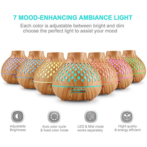 UBEGOOD Difusor de Aceite Esencial, 400ml Humidificador Ultrasónico Difusor Aromaterapia Purificador de Aire Aroma de Difusor con LED de 7 Colores de para Hogar, Oficina, SPA, Dormitorio, Bebé