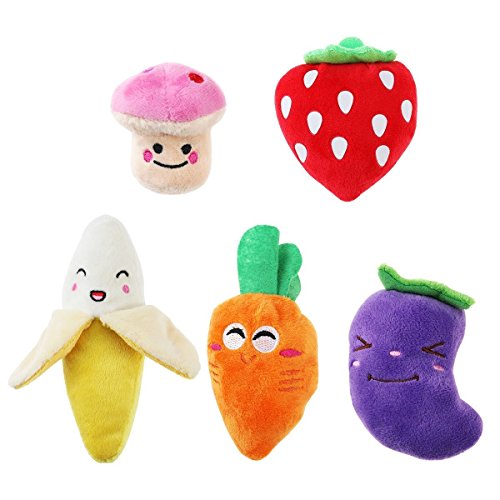 UEETEK Juguetes chirriantes para Perros pequeños, Frutas y Verduras, Juguetes de Peluche para Perros (un Paquete de 5)