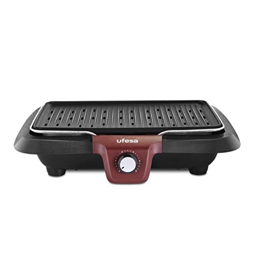 Ufesa BB7650 - Barbacoa eléctrica con Sistema"Baja Generación de Humo", Placa de Aluminio Antiadherente, Apagado Automático, Superficie 38x24'5cm, 2000W, (Apta Lavavajillas)