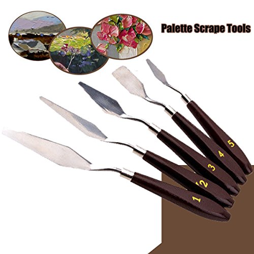 ULTNICE 5pcs Espátula de cuchillo de paleta de pintura al óleo de acero Set con mango de madera (marrón rojizo)