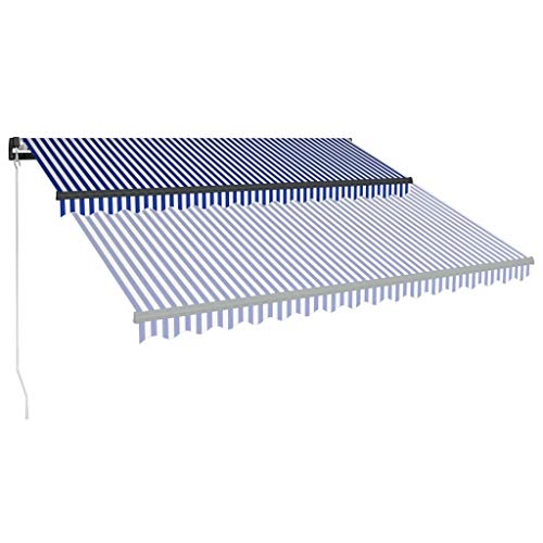 UnfadeMemory Toldo Retráctil Manual para Ventana Balcon Patio Cafetería y Restaurant,Protégete de los Rayos UV,Estructura de Aluminio (Azul y Blanco,Estructura Gris, 450x300cm)