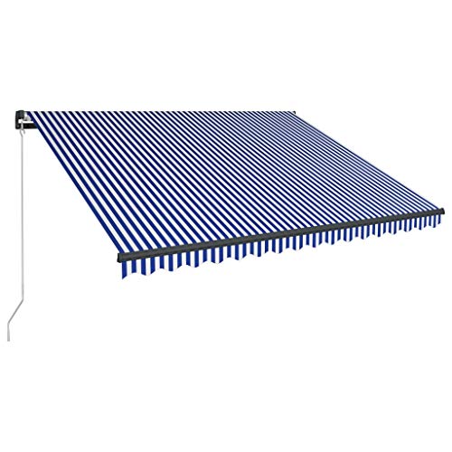 UnfadeMemory Toldo Retráctil Manual para Ventana Balcon Patio Cafetería y Restaurant,Protégete de los Rayos UV,Estructura de Aluminio (Azul y Blanco,Estructura Gris, 450x300cm)