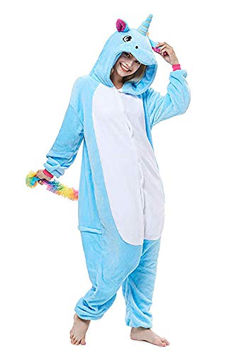 Unicornio Pijamas Cosplay Unicorn Disfraces Animales Franela Monos Unisex-adulto ropa de dormir Disfraces de fiesta (S, Azul)