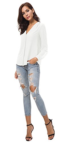 Urban GoCo Blusa de Gasa con Escote en V Mangas Largas y el Dobladillo en el Hombro para Mujeres (L, Blanco)