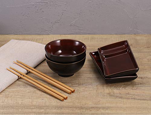 Urban Lifestyle Sushi Set Misaki Rojo Oscuro para Dos Personas, 2 Platos, 2 de Sushi de Cuencos de cerámica, 2 Pares Palillos de bambú