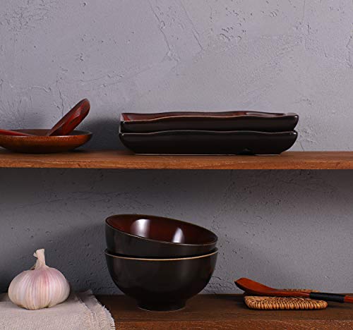 Urban Lifestyle Sushi Set Misaki Rojo Oscuro para Dos Personas, 2 Platos, 2 de Sushi de Cuencos de cerámica, 2 Pares Palillos de bambú