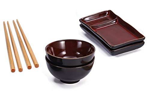 Urban Lifestyle Sushi Set Misaki Rojo Oscuro para Dos Personas, 2 Platos, 2 de Sushi de Cuencos de cerámica, 2 Pares Palillos de bambú