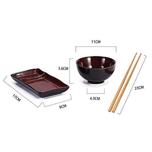 Urban Lifestyle Sushi Set Misaki Rojo Oscuro para Dos Personas, 2 Platos, 2 de Sushi de Cuencos de cerámica, 2 Pares Palillos de bambú