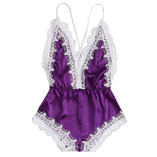 URIBAKY LenceríA Mujeres Sexy Cuello En V Profundo Corte Bajo Caliente SatéN TentacióN Ropa Interior Sin Espalda Halter Sexy Dormir EróTico Encaje CamisóN