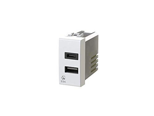 USB3.0 - Fuente de alimentación USB (3 A, 2 salidas, conector tipo A y tipo C, compatible con Bticino LivingLight), color blanco