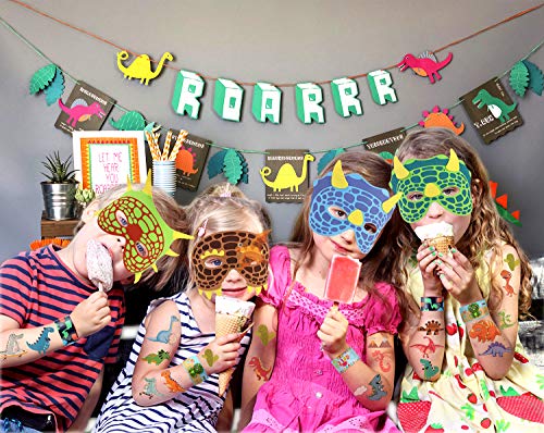 vamei 64 Piezas Fiesta Dinosaurio Niños Máscaras Pulseras de Juguete Bofetada Pulsera Llavero Dinosaurio Tatuaje Niños Anillos Niños Fiesta Cumpleaños Artículos