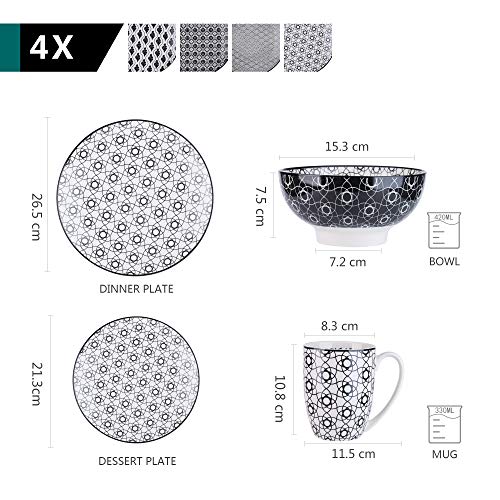 vancasso 16 Piezas Vajilla de Porcelana Pintada a Mano Gris Spot Servicio Set 10,6 Plato vajilla vajilla 8,5" Plato de Postre 6" Bowl y 13 oz Taza, Servicio para 4 Personas