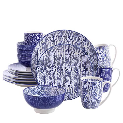 vancasso Takaki,Vajillas de Porcelana 16 Piezas Juego de Servicio Combinado, con 4 Tazas de Café, 4 Tazones de Cereales, 4 Platos de postre 4 Platos de Cena, para 4 Personas