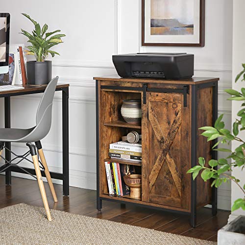 VASAGLE Armario de Almacenamiento, Gabinete de Almacenaje, con Estantes Ajustables, Puerta Corrediza, Marco de Acero, para Salón, Oficina, Cocina, Estilo Industrial, Marrón Rústico y Negro LSC88BX