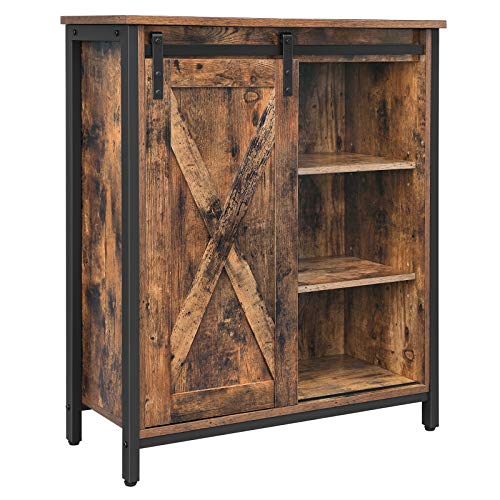 VASAGLE Armario de Almacenamiento, Gabinete de Almacenaje, con Estantes Ajustables, Puerta Corrediza, Marco de Acero, para Salón, Oficina, Cocina, Estilo Industrial, Marrón Rústico y Negro LSC88BX