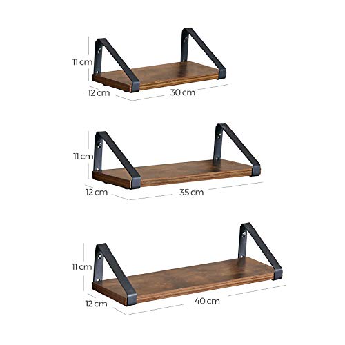 VASAGLE Estantes de Pared, Estantería Flotante Industrial de Pared, Juego de 3, Soporte de Exhibición Estable para Sala de Estar, Baño, Cocina, Marrón Rústico LWS33BX