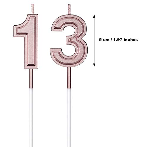 Velas de Cumpleaños 13 Velas de Numeros de Pastel Topper Decoración de Pastel de Feliz Cumpleaños para Cumpleaños Boda Aniversario Celebración, Oro Rosa