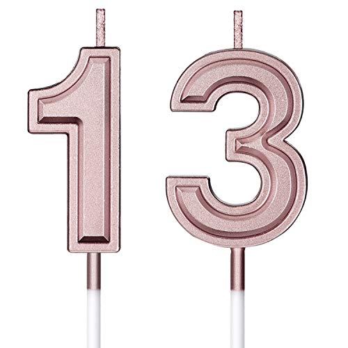 Velas de Cumpleaños 13 Velas de Numeros de Pastel Topper Decoración de Pastel de Feliz Cumpleaños para Cumpleaños Boda Aniversario Celebración, Oro Rosa