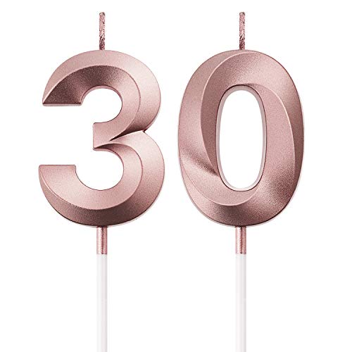 Velas de Cumpleaños 30 Velas de Numeros de Pastel Topper Decoración de Pastel de Feliz Cumpleaños para Fiesta de Cumpleaños Boda Aniversario Celebración (Oro Rosa)