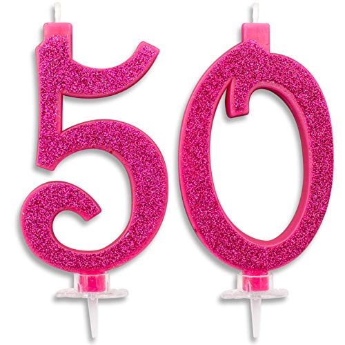 Velas Maxi de 50 años para Tarta de cumpleaños de 50 años, decoración de Velas de cumpleaños, Tarta de 50, Fiesta temática, Altura 13 cm, Fucsia Brillante