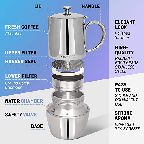 VeoHome - Cafetera Italiana de Acero Inoxidable 6 tazas 300 ml – Cafetera Moka Italiana para cocinas Inducción, Vitrocerámica y de Gas - Estilo Espresso – Irrompible, Segura y apta para Lavavajillas