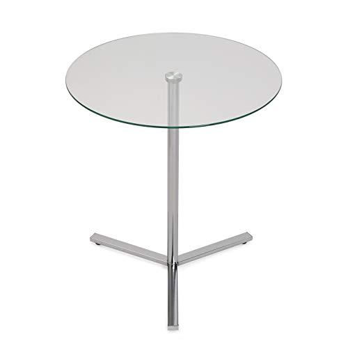 Versa 18790070 Mesa de Cristal Auxiliar de salón con Base de Metal y 3 Patas Mesilla de Noche, Plateado, 56 x 50 x 50 cm