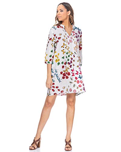Vestido Estampado de Mariposas y Flores, Manga Francesa y con Pecho Plisado, Color Azul, Talla XL