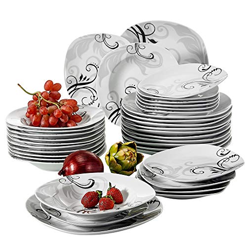 VEWEET Zoey 36 Piezas Juegos de Vajillas de Porcelana con 12 Platos, 12 Platos Hondos y 12 Plato de Postre para 12 Personas
