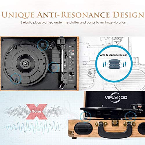 Viflykoo Tocadiscos de Vinilo, Tocadiscos Vintage Disco Vinilo LP 3 velocidades Reproductor de Discos Incorporado 2 Parlantes,Toma de Auriculares, USB, Entrada AUX, Salida RCA - Madera Natural