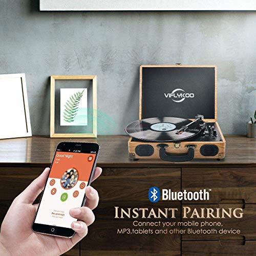 Viflykoo Tocadiscos de Vinilo, Tocadiscos Vintage Disco Vinilo LP 3 velocidades Reproductor de Discos Incorporado 2 Parlantes,Toma de Auriculares, USB, Entrada AUX, Salida RCA - Madera Natural