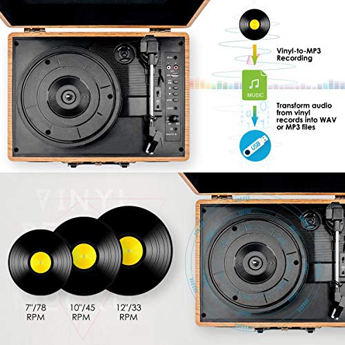 Viflykoo Tocadiscos de Vinilo, Tocadiscos Vintage Disco Vinilo LP 3 velocidades Reproductor de Discos Incorporado 2 Parlantes,Toma de Auriculares, USB, Entrada AUX, Salida RCA - Madera Natural