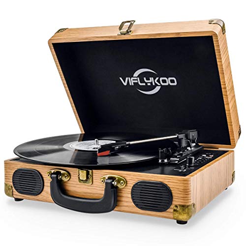 Viflykoo Tocadiscos de Vinilo, Tocadiscos Vintage Disco Vinilo LP 3 velocidades Reproductor de Discos Incorporado 2 Parlantes,Toma de Auriculares, USB, Entrada AUX, Salida RCA - Madera Natural