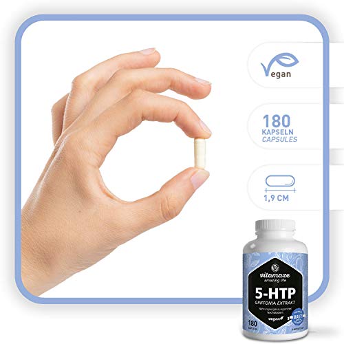 Vitamaze® 5-HTP 200mg Fuerte Cápsulas de Extracto de Semillas de Griffonia, 180 Cápsulas Vegano por 6 Meses, Naturales Ingrediente Activo Puro de Semillas de Frijol Negro, sin Aditivos Innecesarios