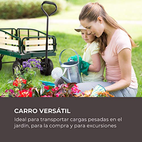 Waldbeck Ventura - Carretilla de Mano, Carro de Transporte de Acero, Gran Superficie de Carga Pesada, Soporta hasta 300kg, Paredes Laterales Plegables, Ruedas Goma, Verde Oscuro