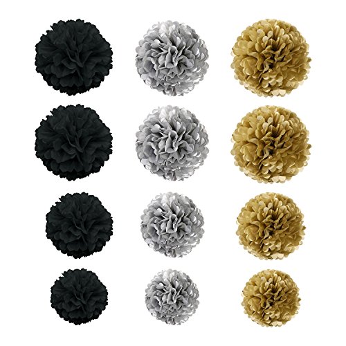 Wartoon Papel Pom Poms Flores Tissue para Decoración de Boda, Fiesta Cumpleaños, Bienvenida al Bebé, 12 Piezas ( Negro, Dorado y Plata )
