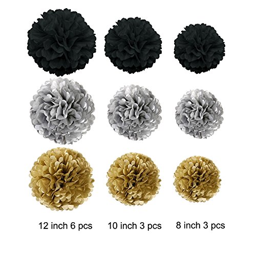 Wartoon Papel Pom Poms Flores Tissue para Decoración de Boda, Fiesta Cumpleaños, Bienvenida al Bebé, 12 Piezas ( Negro, Dorado y Plata )