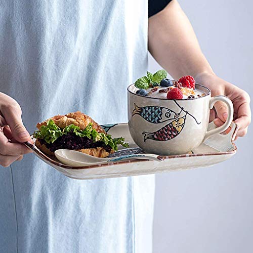 WEHOLY Cena Japonesa Coreana Pintada a Mano Patrón de Pescado Conjunto de vajilla de cerámica Sopa Plato Hondo Plato Plano Sopa de Fideos Arroz Tazón Salsa Plato Taza Cuchara